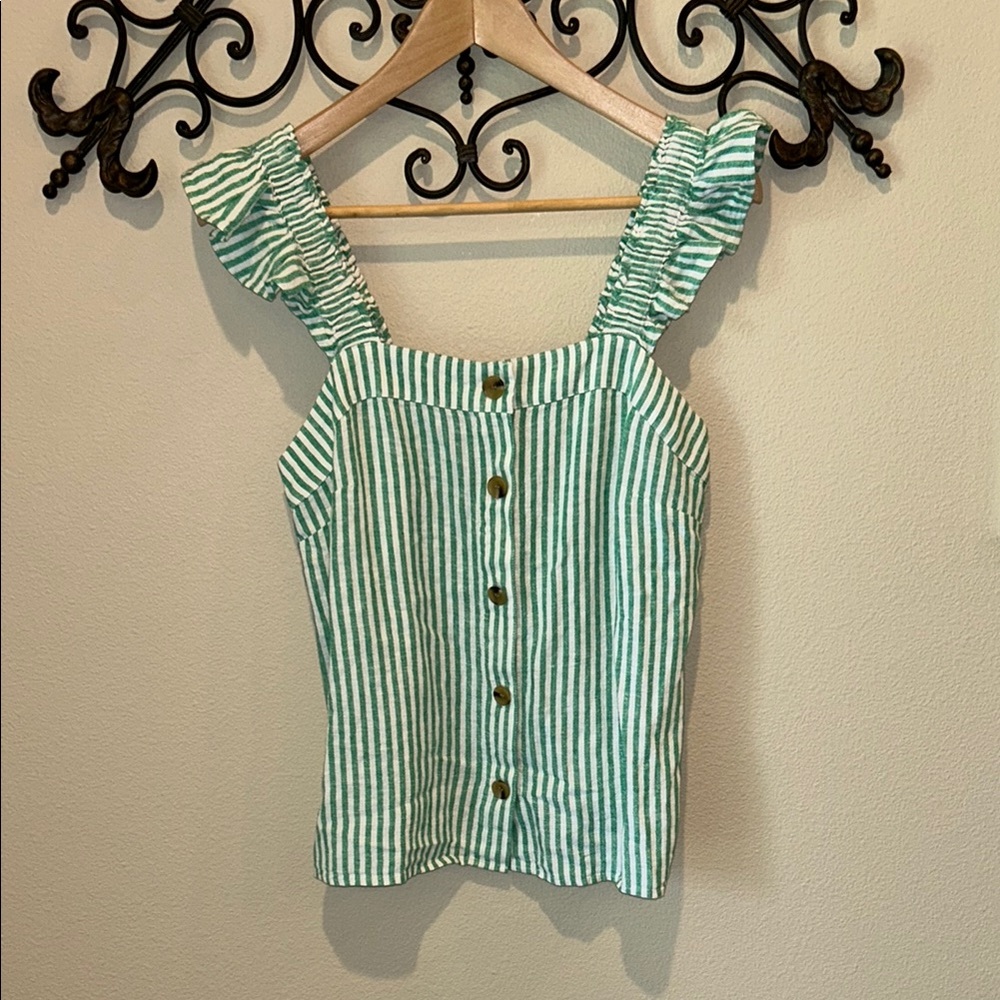 J.CREW LINEN BLEND BUTTON TANK TOP RUFFLE SLEEVE SIZE XS